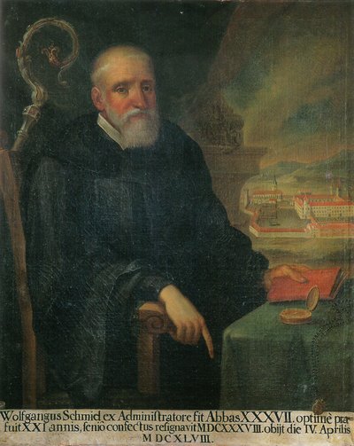 der 37. Abt, Wolfgang Schmid, im Hintergrund eine Ansicht des Klosters St. Georg (Isny) von Unknown